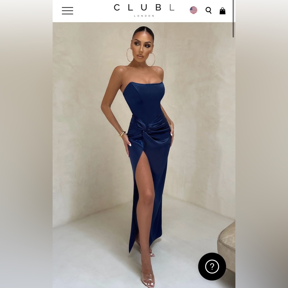 Club L London ROMANCING
NAVY THIGH SPLIT CORSET STRAPLESS MAXI DRESS. Size 4. - Picture 2 of 4